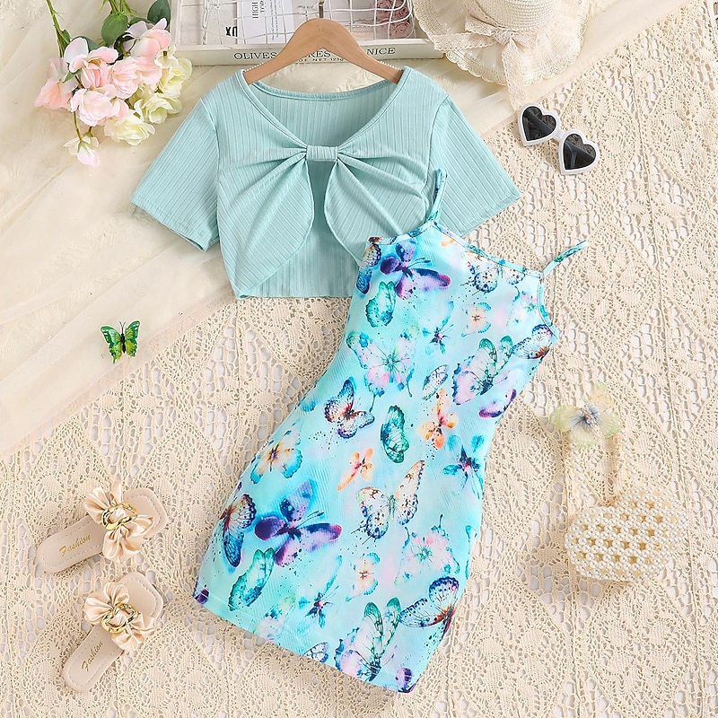 2 Pieces Kids Girls' Butterfly Halter Dress Suits Set Short Sleeve Fashion School 7-13 Years Summer Blue