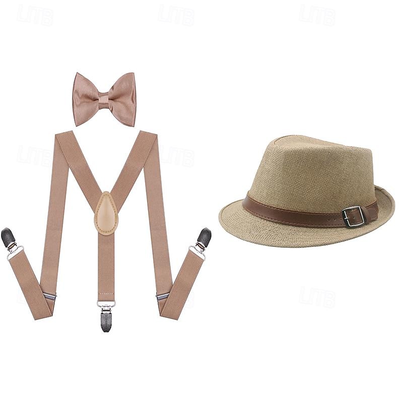 Retro Vintage Roaring 20s 1920s Panama Hat Accesories Set The Great Gatsby Fancy Dress Men's Masquerade Event / Party Bachelorette Party Adults' Cravat Hat Suspenders4