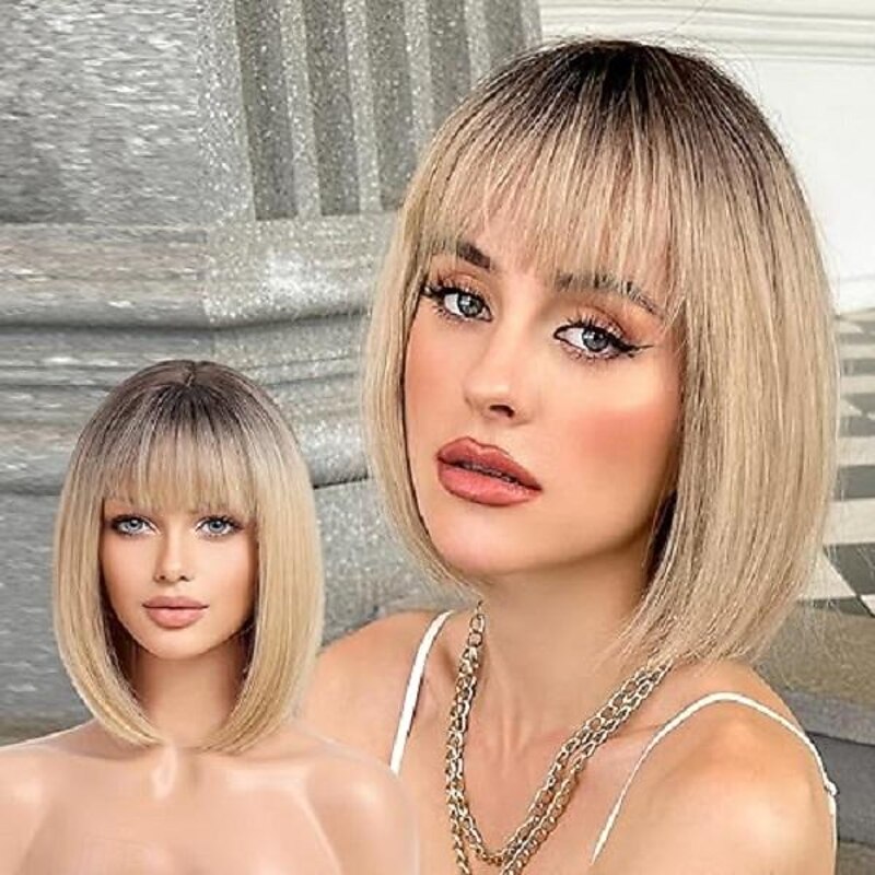 Blonde Short Bob Wig with Bangs for Women Synthetic Wig Halloween Cosplay Party Wigs