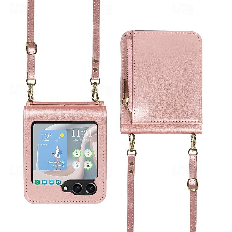 Phone Case For Samsung Galaxy Z Flip 6 Z Flip 5 Wallet Case with Stand Holder Zipper with Lanyard Retro TPU PU Leather3