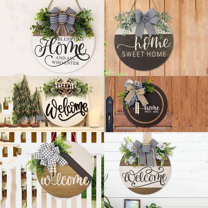 1pc Crafting 12 Inches Welcome Sigh For Front Door Big Wooden Wreath Welcome Wreath Farmhouse Front Door Decoration Housewarming Gift for Home Outdoor Indoor