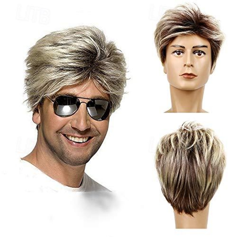 80s Mens Wig Blonde Short Wig Synthetic Cosplay Costume Halloween Wigs for Fancy Dress