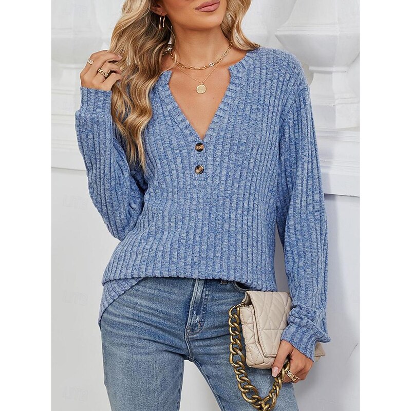 Women's Sweater Stylish Casual Solid Color Ribbed V Neck Buttons Long Sleeve Regular Tops Knit Daily Pink Blue Spring Fall2