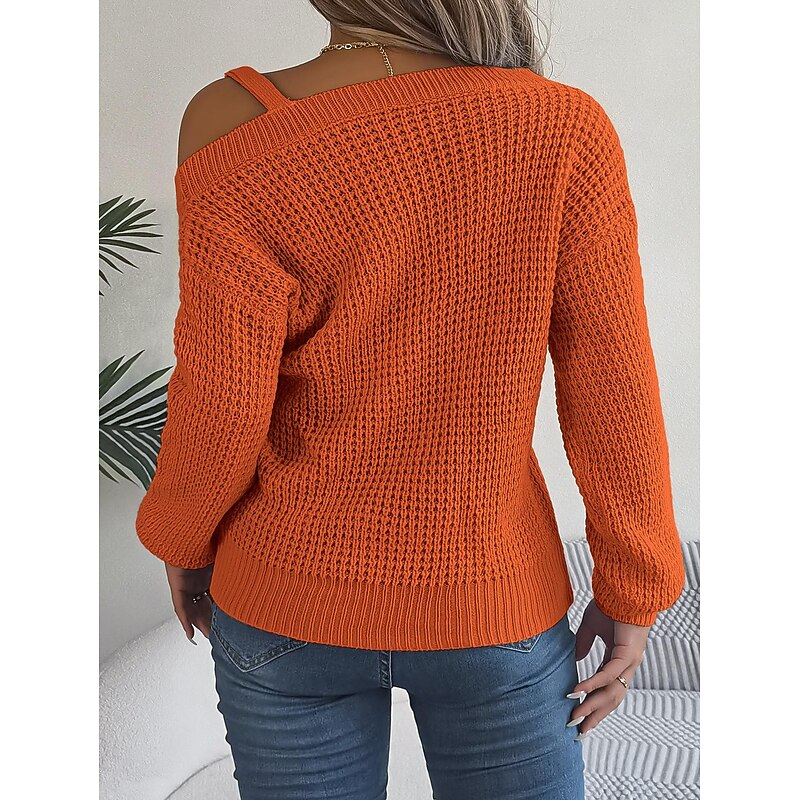 Women's Sweater Stylish Solid Color Ribbed One Shoulder Cold Shoulder Long Sleeve Regular Tops Knit Daily White Pink Spring Fall2