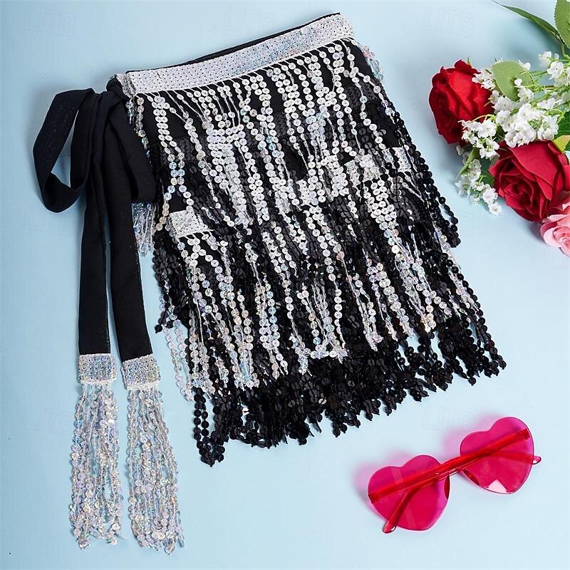 Belly Dance Hip Scarf Sequin Tassel Skirt Wrap Sparkly Costume for Women4