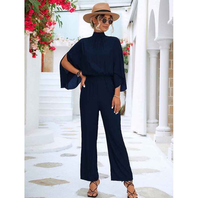 Women's Normal Jumpsuit Elegant Solid Color 3/4 Length Sleeve Batwing Sleeve Wide Leg Turtleneck Pleated Work Loose Fit Black Green Summer4