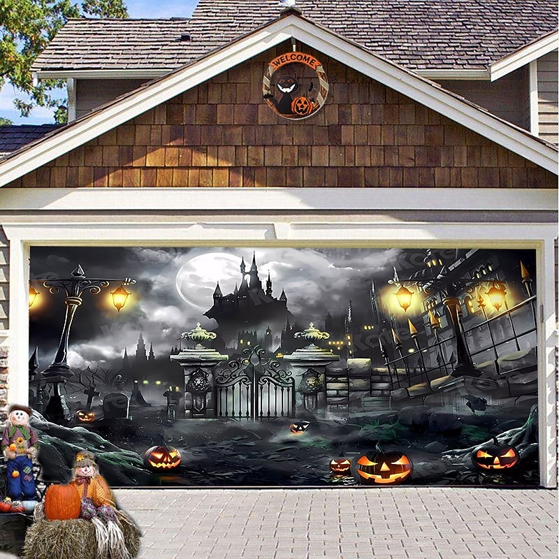 Halloween Door Decorations Halloween Garage Door Cover Pumpkins Jack O Lantern Outdoor Banner Ghost Bats Large Backdrop Decoration for Holiday Out door Decorations Door Home Wall Decorations4