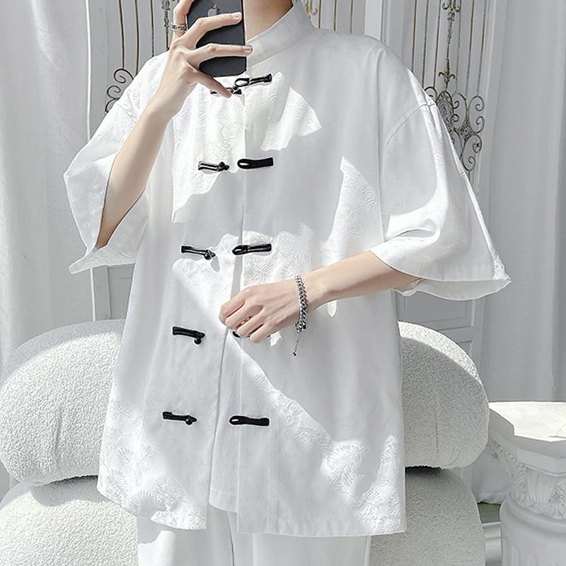 Men's Shirt Chinese Collar Shirt Mandarin Collar Shirt Summer Shirt Casual Shirt Beach Shirt Black White Short Sleeve Plain Mandarin Collar Vacation Holiday Embroidered Clothing Apparel Polyester 10