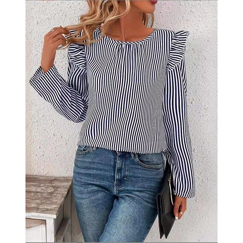 Women's Tunic Striped Stylish Long Sleeve Crew Neck Work Daily Ruffle Asymmetric Hem Blue Spring Fall3
