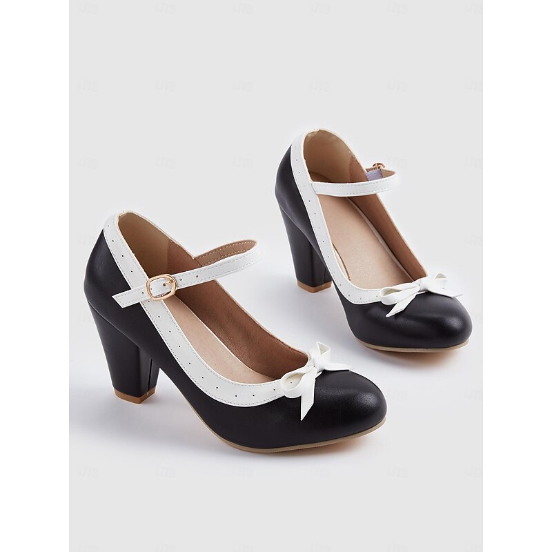 Elegant Women's Vintage Two-Tone Mary Jane Pumps with Bow Detail - Chic High Heel Dress Shoes3
