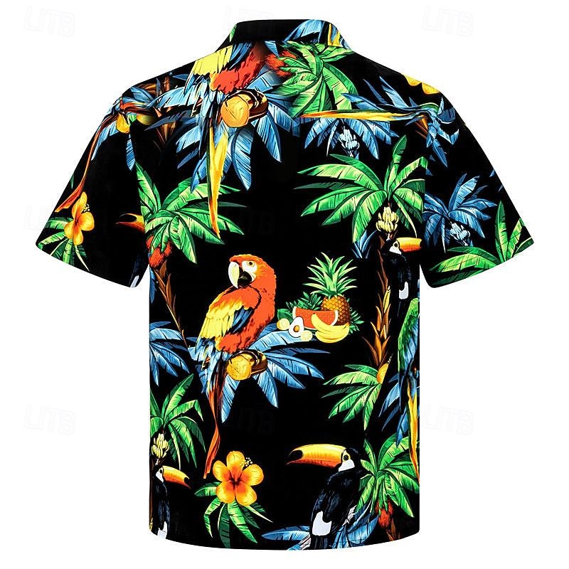 Men's Palm Tree Parrot Shirt Summer Hawaiian Shirt Aloha Shirt Short Sleeve Shirt Turndown Tropical Fashion Streetwear Casual Hawaiian Holiday Green / Black S M L2