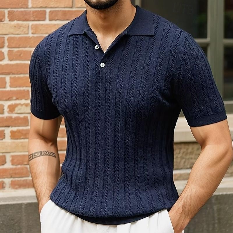 Men's Knit Polo Sweater Golf Shirt Casual Holiday Button Classic Short Sleeve Fashion Old Money Style Striped Button Front Summer Spring Fall White Navy Blue Green Knit Polo Sweater
