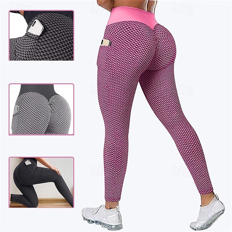 Women's Yoga Pants Yoga Leggings Pocket Elastic Waistband High Waist Pilates Gym Workout Workout Tights Honeycomb Black Green Rose Red Sports Activewear Stretchy Slim2