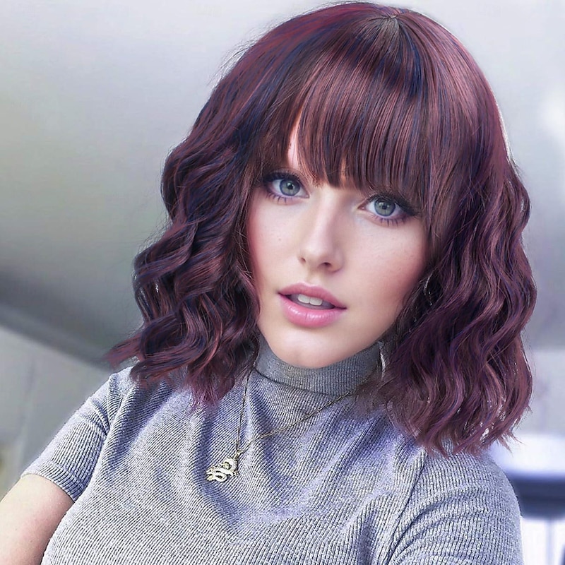 Loose Wave Bob Wig Wavy  with Air Bang Curly Hair Wigs Synthetic Cosplay Party Wigs for Women
