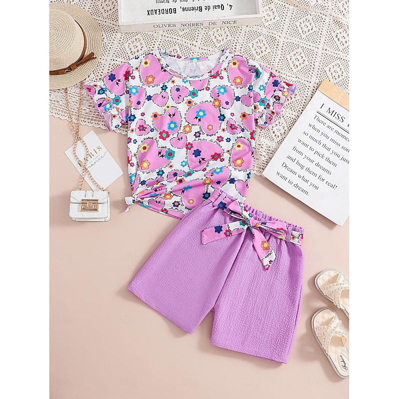 2 Pieces Kids Girls' Graphic Crewneck Shirt & Shorts Set Short Sleeve Fashion School 7-13 Years Summer Purple