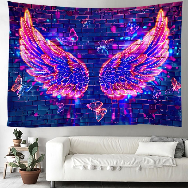 Blacklight Tapestry UV Reactive Glow in the Dark Angel Wing Glow Party Photograph Backdrop Trippy Misty Hanging Tapestry Wall Art Mural for Living Room Bedroom2