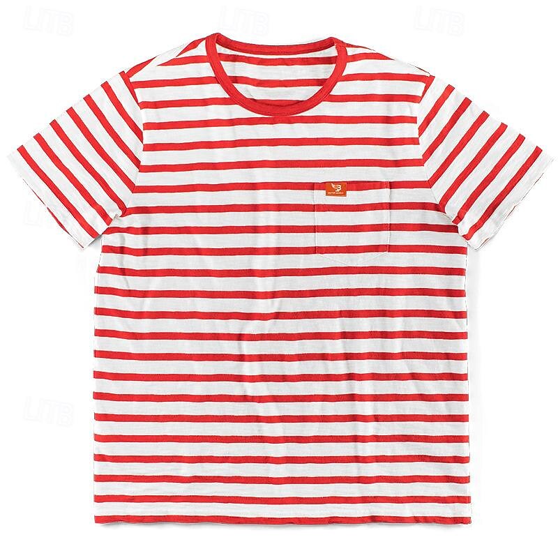 Men's T Shirt Tee Top Short Sleeves Crew Neck Summer Striped Fashion Designer Basic Front Pocket Vacation Street Going out Black Red Navy Blue Top Tee for Men3