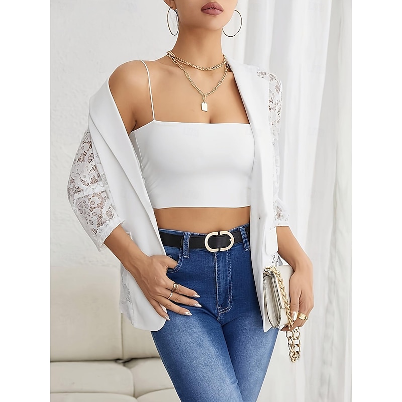 Women's Blazer Formal Lace Plain Breathable Streetwear Regular Fit Outerwear Long Sleeve Spring Black S4