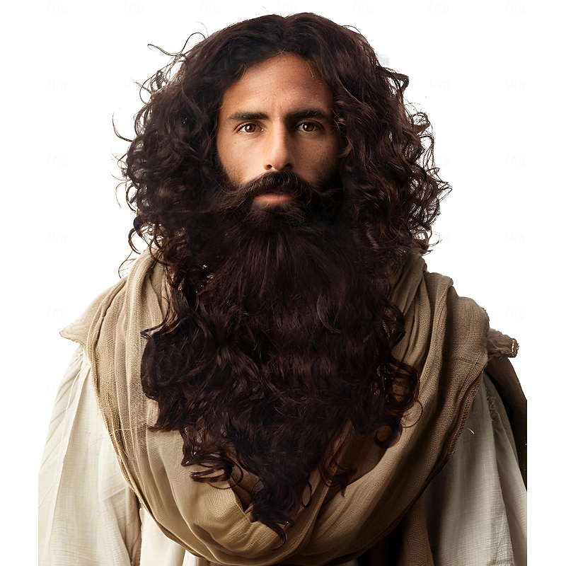 Brown Jesus Wizard Curly Wig And Beard Halloween Funny Cosplay Costume Accessory for Adults