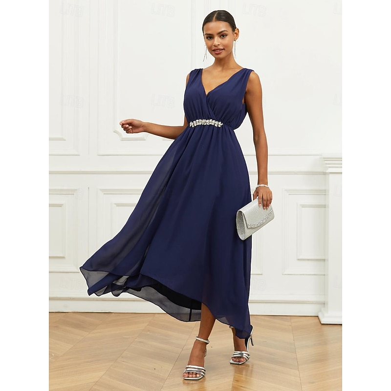 Women's Wedding Guest Cocktail Dress A Line Maxi  Chiffon Ruched Tiered Elegant V Neck Sleeveless dress Navy Blue Color