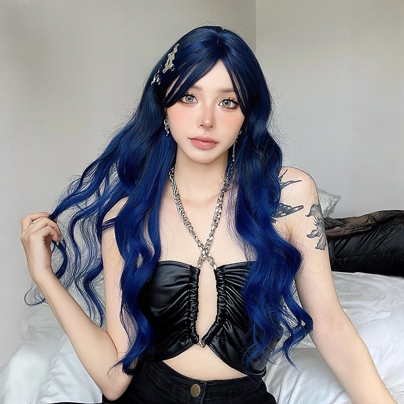 Synthetic Wig Uniforms Career Costumes Princess Curly Wavy Middle Part Layered Haircut Machine Made Wig 28 inch Black / Sapphire Blue Synthetic Hair Women's Cosplay Party Fashion Blue Halloween Wigs2
