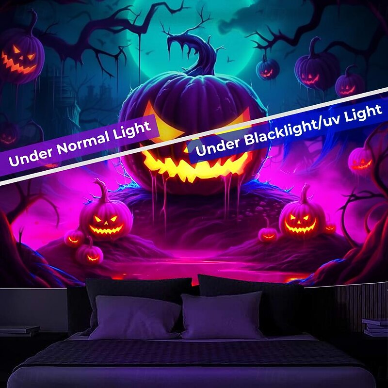 Halloween Decorations Carved Pumpkin Blacklight Tapestry UV Reactive Glow in the Dark Forest Trippy Mountain Misty Zombie Ghost Hanging Tapestry Wall Art Mural for Living Room Bedroom3