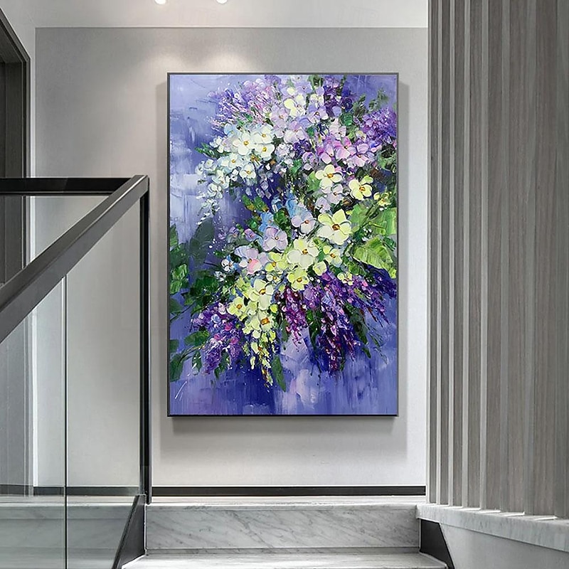 Large original art blooming orchid flower oil painting Abstract Blue Purple Yellow flower wall art living room decor palette knife painting Unframed3