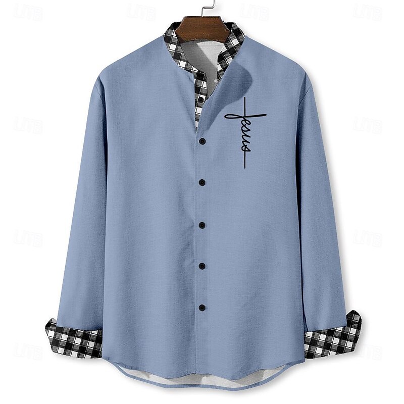Men's Jesus Shirt Button Up Shirt Long Sleeve Vintage Casual Vacation Daily Summer Spring &  Fall Standing Collar Button Up 3D Print White Blue Khaki Gray4