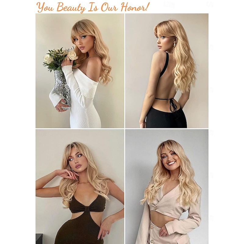 Blonde Wig with Bangs - Long Wavy Ombre Curtain Bang Wigs for White Women, Light Ash Blond Dark Roots Synthetic Heat Resistant Hair, Natural Cute Strawberry Wigs for Halloween/Christmas2