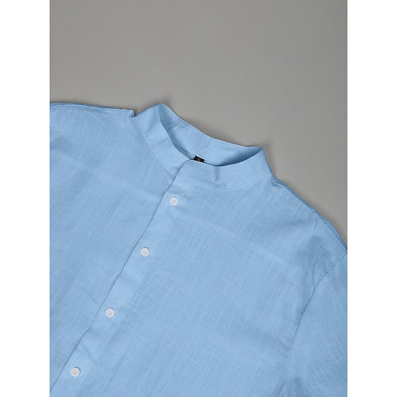 Men's Shirt Linen Shirt Summer Shirt Beach Wear Band Collar Shirt Button Up Shirt Plain Vacation Curise Black White Blue Orange Short Sleeve Band Collar Summer Clothing Apparel2