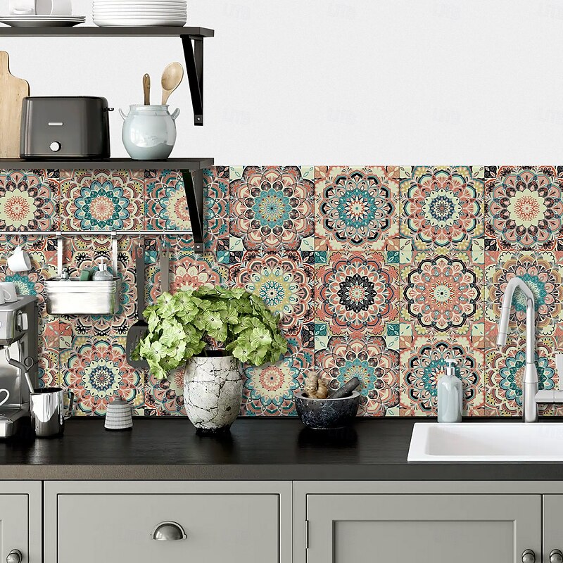 24/48pcs Thickened crystal filmMoroccan Style TileStickers Retro PVC Wall DecorWaterproof & Oil-proof RemovableFor Bathroom Kitchen DecorVintage Home Decor4