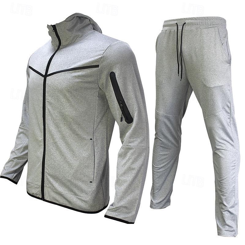 Men's Tracksuit Jogging Suit Drawstring Pocket Color Block Athletic Clothing Set Spring Gray Black Black Gym Workout Jogging Running Soft Breathable Long Sleeve Sport Activewear Micro-elastic Regular3