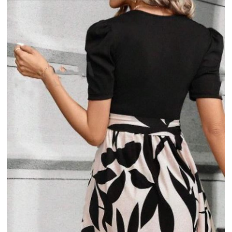 Women's Maxi Dress A Line Dress Elegant Stylish Work Daily Regular Fit Color Block Short Sleeve Crew Neck Black Summer3