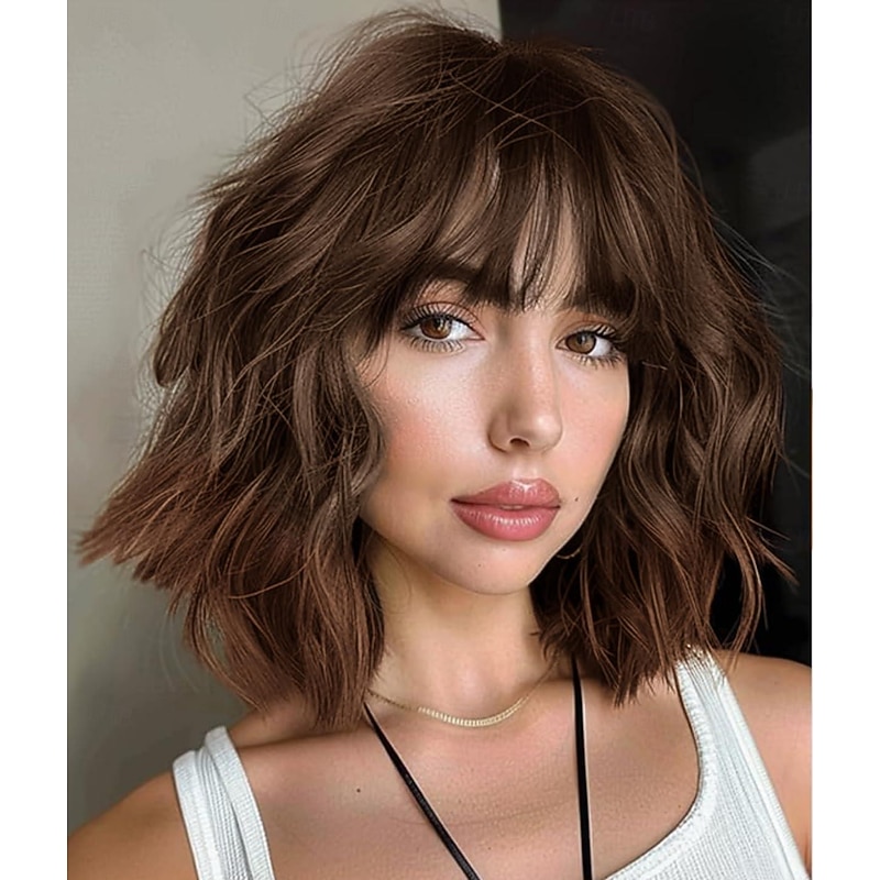 Brown to Auburn Wigs With Bangs Short Wavy Bob Wig for Women Synthetic Short Curly Wave Wigs Heat Resistant Fiber Hair Wigs for Daily
