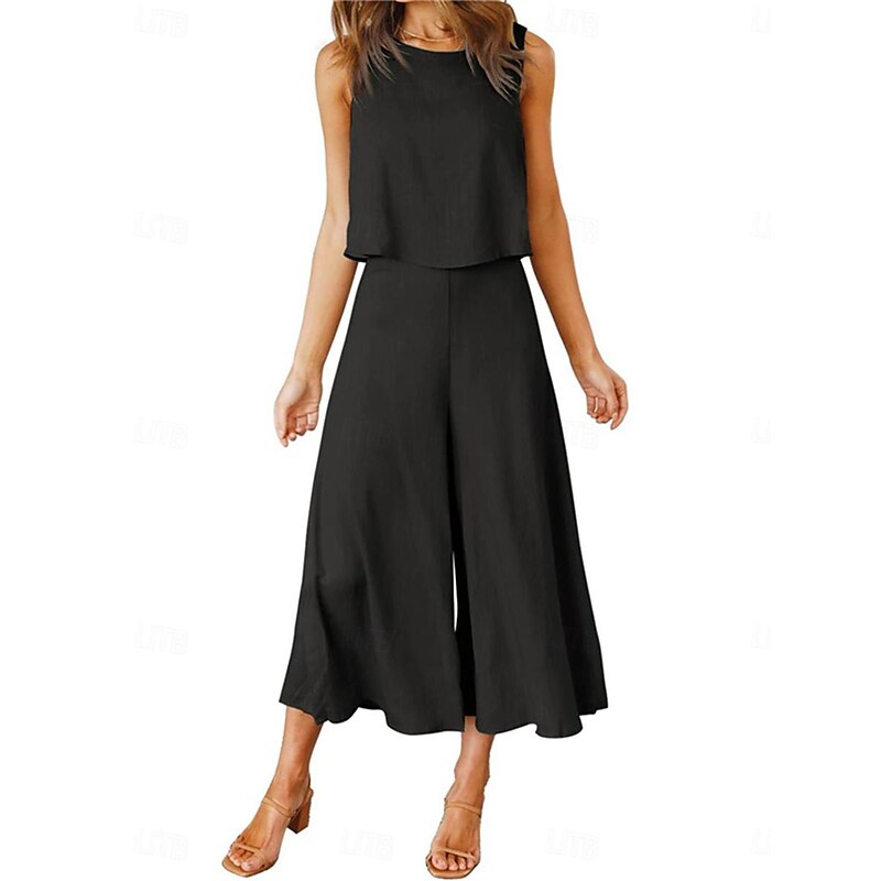 Women's Basic Tank Top Wide Leg Pants Sleeveless Crew Neck Plain Casual Weekend Black Pink Navy Blue Summer Regular Fit3