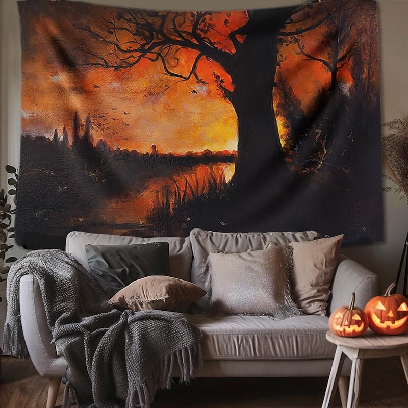 Halloween Decorations Tapestry Jack O Lantern Pumpkin Decor Wall Art Large Hanging Tapestry Mural Decor Photograph Backdrop Blanket Curtain Home Bedroom Living Room Skull Skeleton Bat Graveyard2