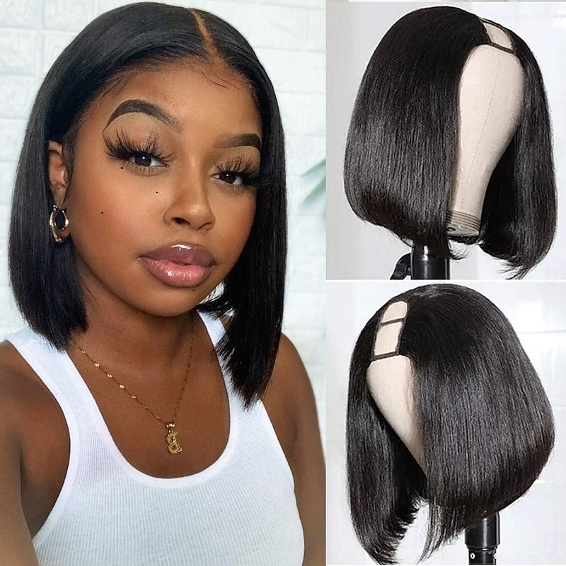 Remy Human Hair Wig Short U Part Straight Bob U Part Short Bob Natural Color Women Soft Easy dressing Capless Brazilian Hair Women's Natural Black #1B 8 inch 10 inch 12 inch Christmas Gifts Vacation