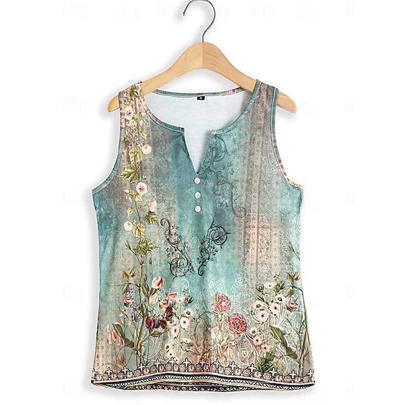 Women's Camisole Tank Top Stylish Casual Floral Buttons Print Sleeveless Regular Tops Notched Neck Casual Daily Holiday White Blue Green Gray Summer