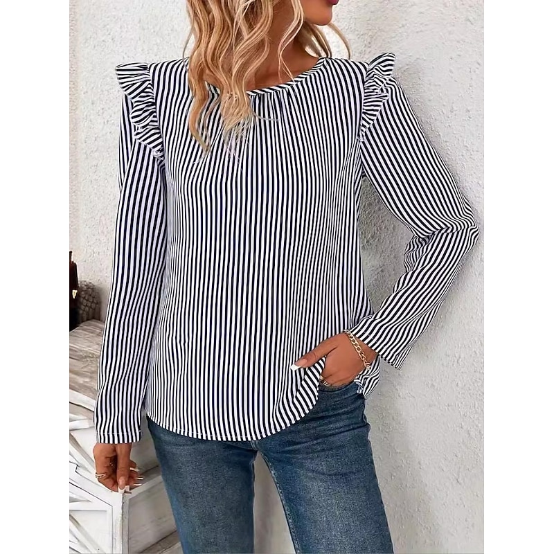 Women's Tunic Striped Stylish Long Sleeve Crew Neck Work Daily Ruffle Asymmetric Hem Blue Spring Fall2