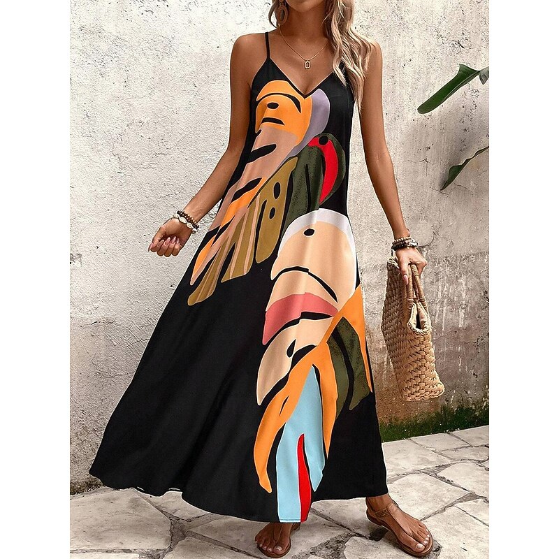 Women's Maxi Dress Sundress A Line Dress Floral Dress Stylish Flowy Vacation Casual Beach Loose Fit Oil Painting Sleeveless V Neck Black Summer