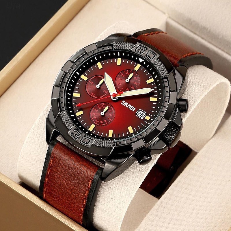 SKMEI Men Quartz Watch Fashion Business Wristwatch Luminous Stopwatch Calendar Waterproof Leather Watch2
