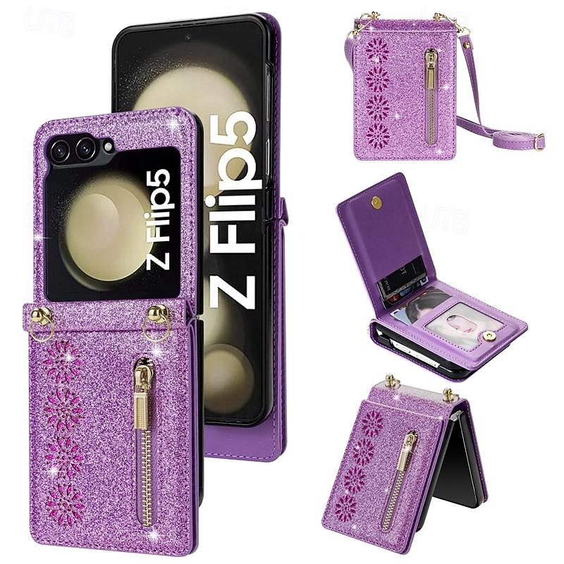 Phone Case For Samsung Galaxy Z Flip 7 Z Flip 6 Z Flip 5 Z Flip 4 Z Flip 3 Flip Cover Zipper with Lanyard Bling Glitter Shiny Retro PC PU Leather
