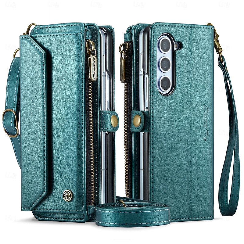 Phone Case For Samsung Galaxy Z Fold 5 Z Fold 4 Z Fold 3 Wallet Case Zipper with Lanyard with Wrist Strap Retro4