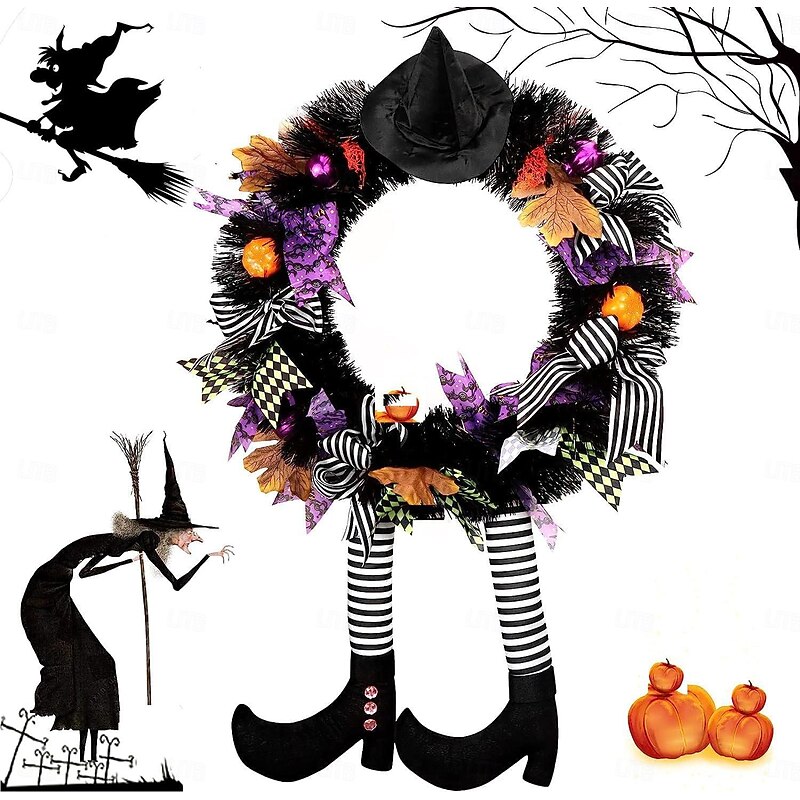 Halloween Wreaths for Front Door, Halloween Witch Wreath Black Wreath with Hat Witches Legs Pumpkin, Halloween Door Wreath Black Witch Wreath for Door,Porch,Window,Indoor and Outdoor Decor