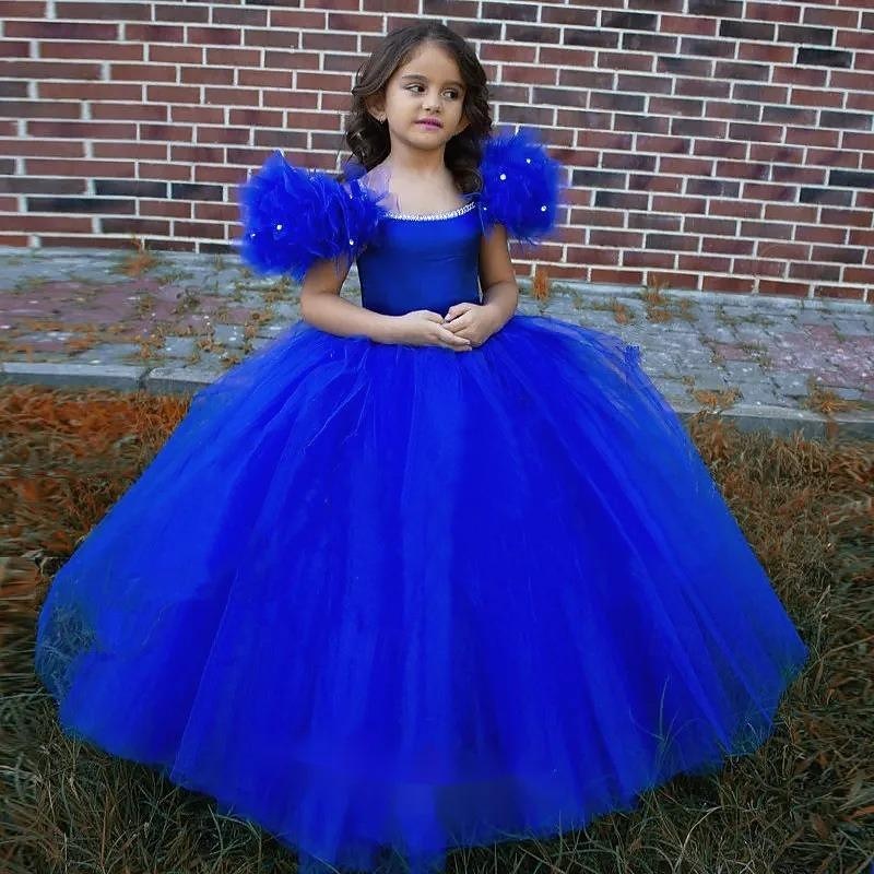 Kids Girls' Party Dress Solid Color Short Sleeve Performance Mesh Princess Sweet Mesh Mid-Calf Sheath Dress Tulle Dress Summer Spring Fall 2-12 Years Royal Blue