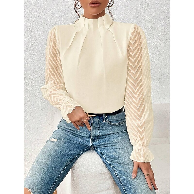 Shirt Blouse Dressy Tops Women's White Pink Navy Blue Plain Mesh Street Daily Fashion High Neck Regular Fit S3