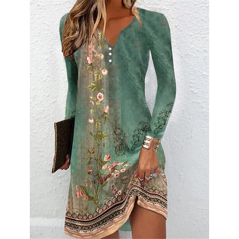 Women's Mini Dress Petite Dress Casual Dress Boho Dress Spring Dress Stylish Casual Vacation Daily Date Regular Fit Floral Long Sleeve Split Neck Blue Dark Green Orange Green Fall2