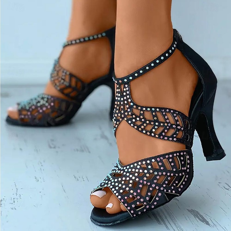 Women's Black Rhinestone Strappy High Heel Sandals with Cut-Out Design for Dance and Evening Wear2