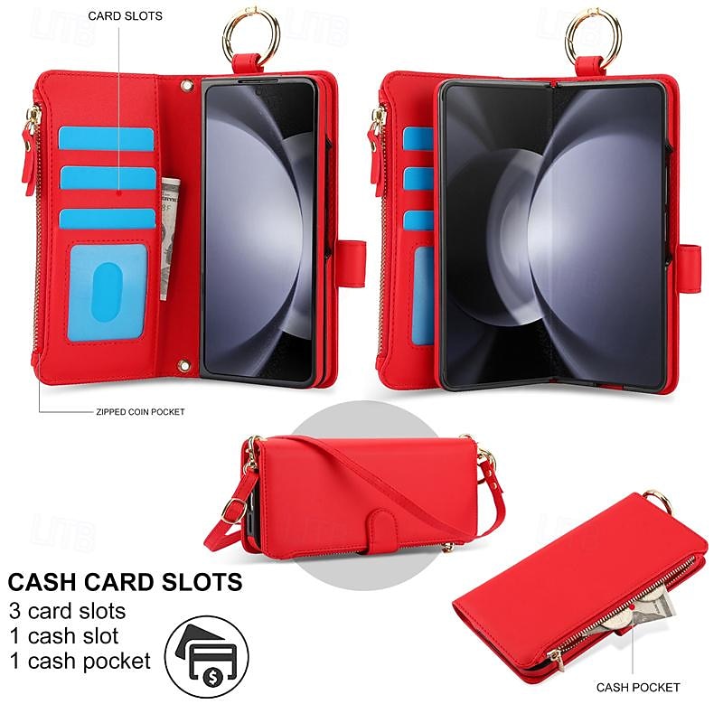 Phone Case For Samsung Galaxy Z Fold 7 Z Fold 6 Z Fold 5 Z Fold 4 Z Fold 3 Wallet Case with Wrist Strap Ring Buckle Shockproof PC PU Leather2