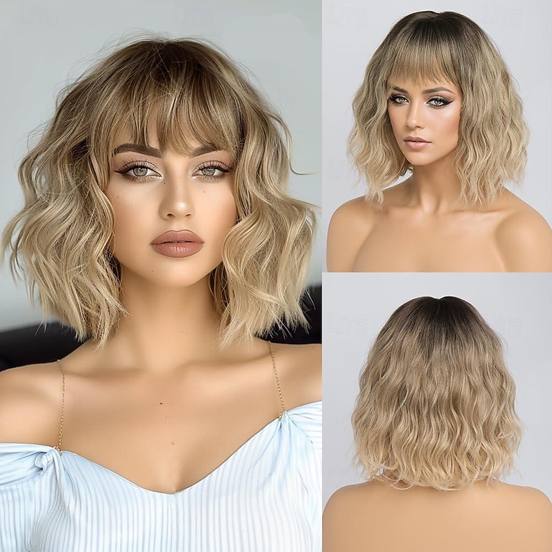 Ombre Blonde Wigs for Women Short Wavy Wig with Bangs Ash Blonde Bob Wig with Dark Roots Medium Length Natural Synthetic Hair for Daily Party&amp Cosplay Halloween Wigs